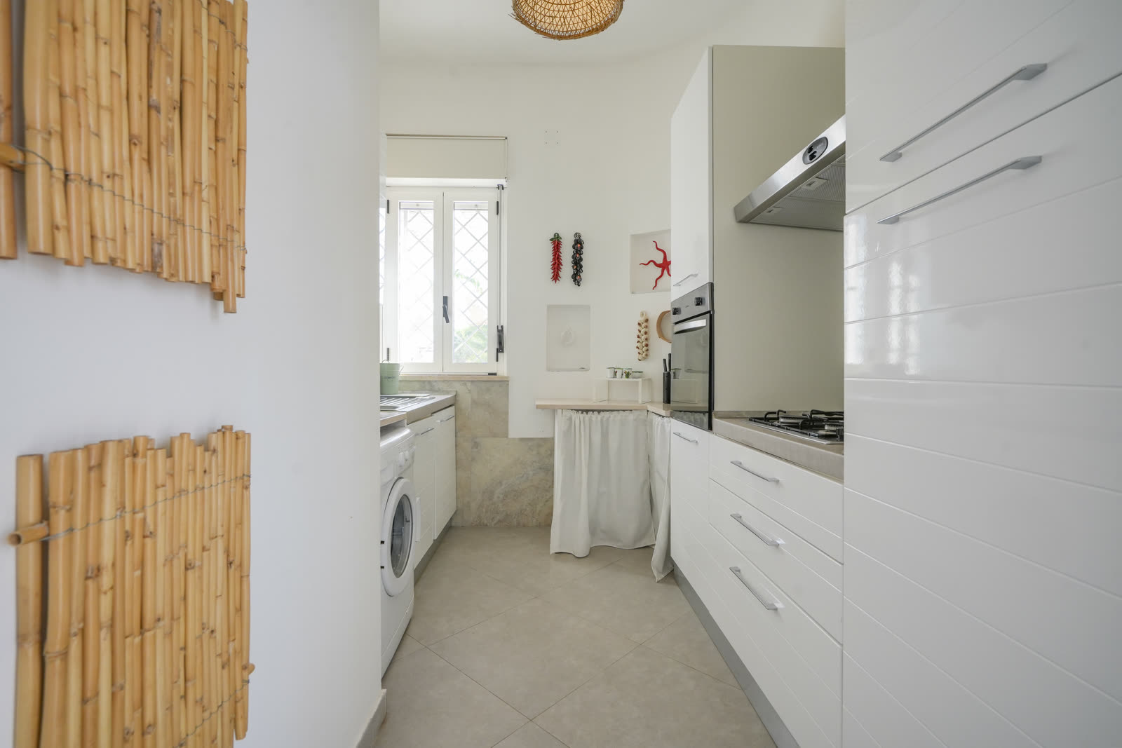 Kitchen hallway with bamboo wall decor